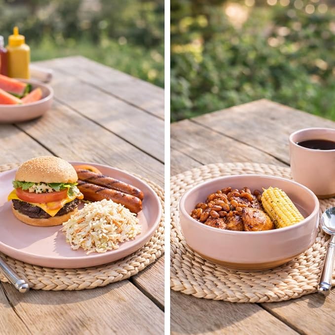 AmorArc Dinnerware Sets for 6, 18 Pieces Ceramic Plates and Bowls Set | Scratch Resistant Stoneware Dishes Set, Dishwasher & Microwave Safe, Cloud Pink