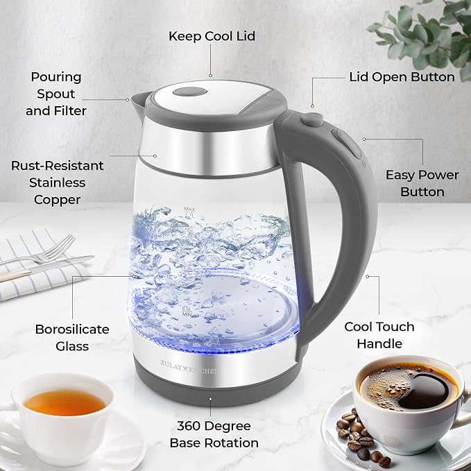 Zulay Kitchen Fast Boiling Electric Water Kettle - 1.7L, 1500W, Auto Shut-Off for Overboil & Boil Dry Protection, Cool-Touch Handle, 360° Base - Rapid Teapot Boiler For Coffee & Tea - Gray
