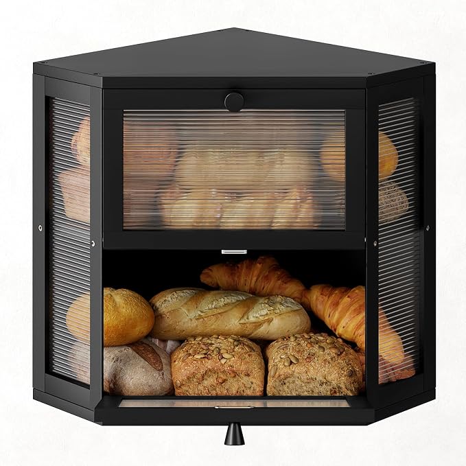 WOWLIVE Double Layer Corner Bread Box for Kitchen Countertop with 2 Doors | Bamboo Bread Storage Container, Large Farmhouse Breadbox with Acrylic Wavy Door, Under Cabinet Organizer, Black, Medium
