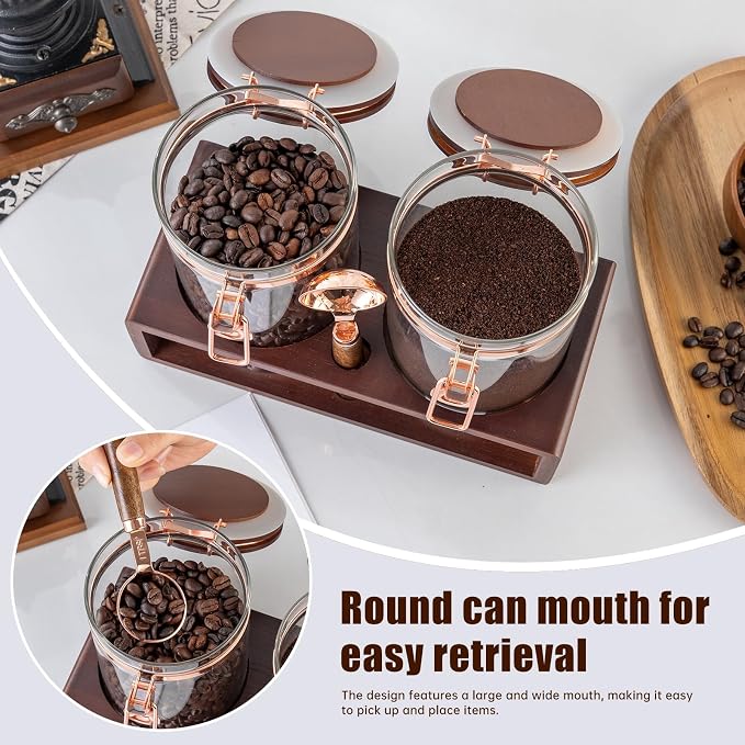 Glass Coffee Container with Wooden Shelf, 2 x 40 FLOZ Coffee Bean Storage with Sealed Closure Clips and Copper Spoon, Kitchen Large Capacity Food Storage Jar, Ground Coffee Container