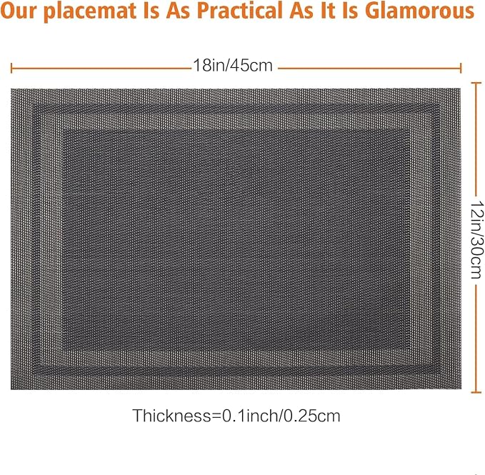 Black Vinyl Placemats Set of 12,Washable Dining PVC Table Mats | Heat resistant, stain resistant non slip vinyl place mats, washable black table placemats for dining table(Black gold)