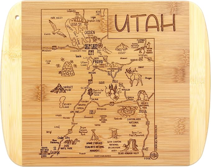 Totally Bamboo A Slice of Life Utah Engraved Map Cutting Board | 11” x 8.75” charcuterie board with engraved state map artwork. Smooth reverse side for food prep. Hang tie for wall display.