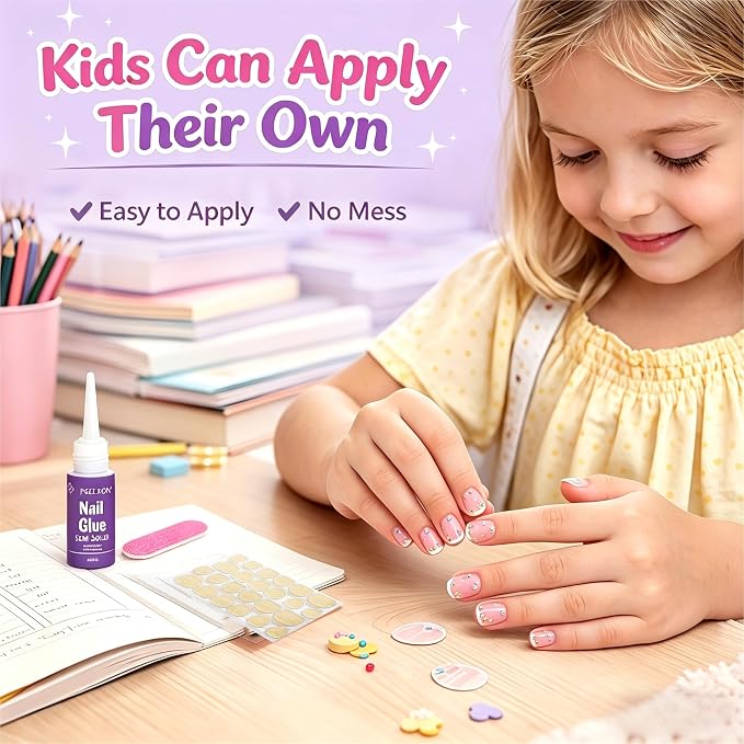 72Pcs Press on Nails for Kids, 3D Nail Rhinestones Flowers for Girls 8-12 | Square Kids Press on Nails, 12 Size, Non-Toxic, Fashion Nail Kit with Adhesive Tabs, Nail File, for Christmas Birthday Party