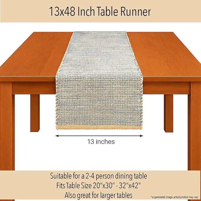 Natural Jute Table Runner 13x48 Inch – Vintage Boho Rustic Table Decor – Handwoven Table Runner in Natural Jute and Grey – Farmhouse Dining or Console Table Accent