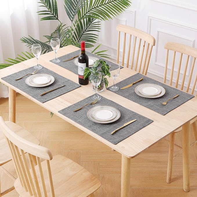 Faux Cotton Linen Placemats Set of 4, Cloth Washable Farmhouse Dining Table Mats for Indoors & Outdoors, Easy to Clean, Dark Grey, 13 x 19 Inch