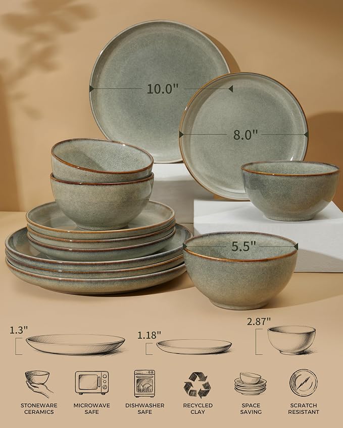 24 Piece Dinnerware Sets for 8, Modern Stoneware Plates and Bowls Setst, Perfect for Family Gatherings & Holiday Celebrations, Easy Cleaning Dishes Set, Stack Compactly Dishware, Green Wheat