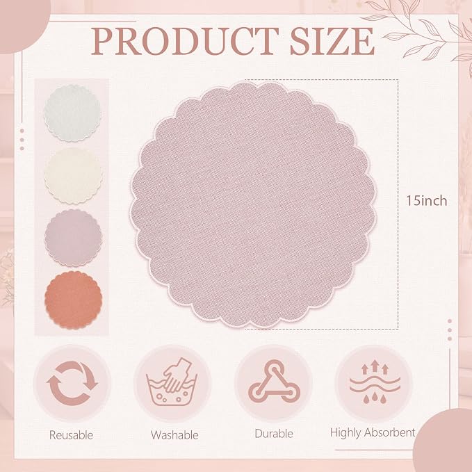 Set of 12 Neutral Cotton Placemats 15" Round Scalloped | Double Layered Cotton Fabric, Washable Embroidery, Classic Edge, Rustic Table Mats for Wedding Dining Table Decor