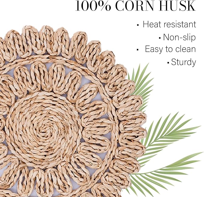 15" Set of 8 Round Woven Corn Husk Placemats by Laquedecraft | Protects Tables from Heat & Scratches, Perfect for Everyday Dining, Family Gatherings and Holiday Entertaining