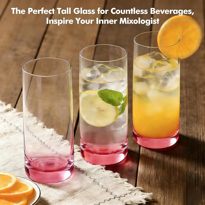 Pink Highball Glasses Set of 6, Drinking Glass for Mixed Drink | 13oz ,Cups for Cocktail, Beer, Mojito, Water and Juice,Thick Tall Glassware for Kitchen, Restaurant, Home Bar and Parties