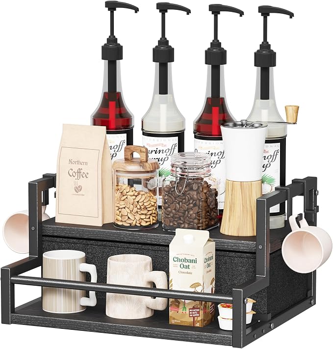 Homeiju Coffee Syrup Organizer Rack, 2-Tier Bottle Coffee Bar Accessories | Holder Stand with K Cup Storage Drawer for Coffee bar, Wine Rack , Storage Shelves for Syrup. (Black)