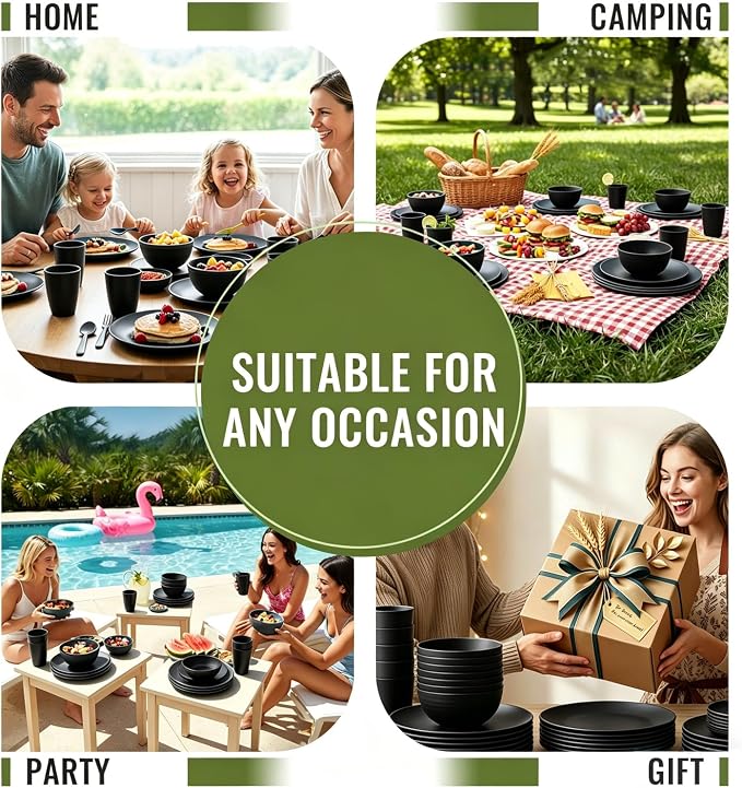 Kitchen Wheat Straw Dinnerware Set 40 PCS Dishes Sets for 8 Plastic Plates Reusable Dinner Plates Cereal Bowls Small Cups Dishwasher & Microwave Safe Unbreakable Dish Set for Picnic RV-Black