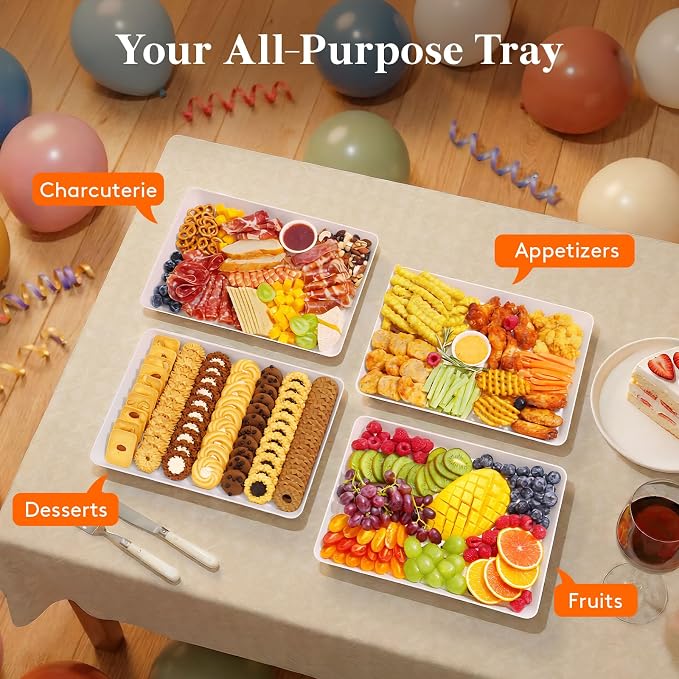 Lifewit 16" x 12" Extra Large Plastic Serving Trays for Party, 4 Pack Reusable White Food Platters for Cookies, Desserts, Fruit, Appetizers & Charcuterie, BPA-Free Catering Trays for Parties & Buffets