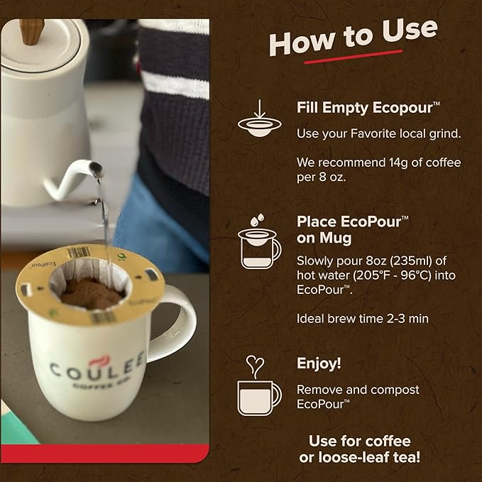 EcoPour Empty Pour Over Coffee Filters, PLA Mesh, 50 Pack | Use with Coulee Swirl machine or with most mugs. Coffee or loose leaf tea; For camping & travel; eco-friendly PLA mesh