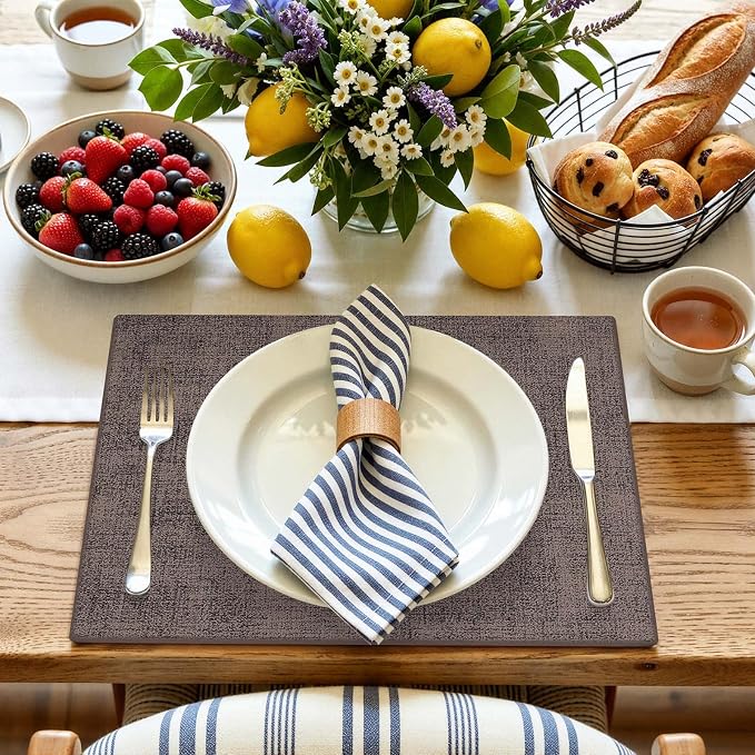 Faux Leather Heat Resistant Placemats 6 Packs, Waterproof Wipeable Dining PU Place Mats for Indoor & Outdoor, Easy to Clean, Brown