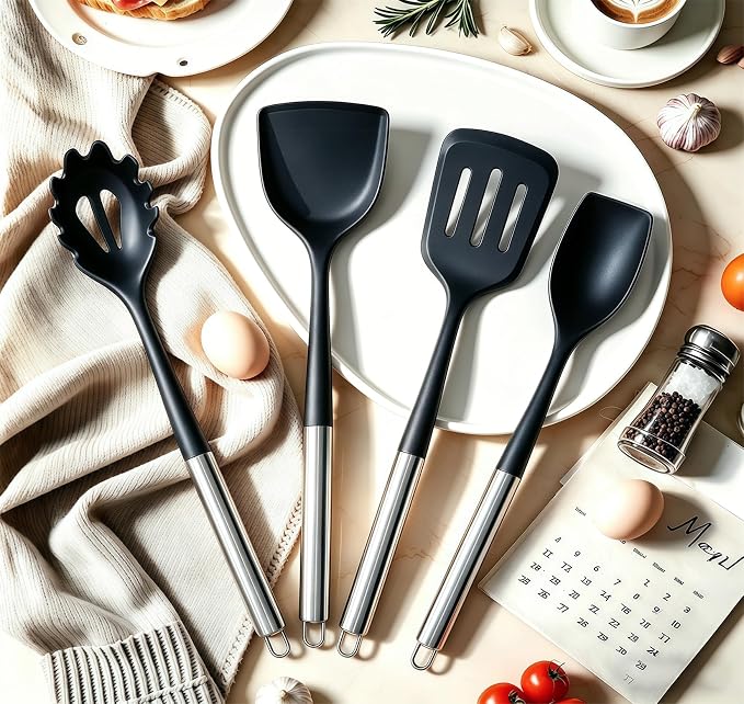 Large Silicone Cooking Utensils Set, 10Pcs Nonstick Kitchen Utensil Set with Stainless Steel Handle, BPA Free Spatula Set with Turners Spoon Ladle Skimmer(Black/Silver)