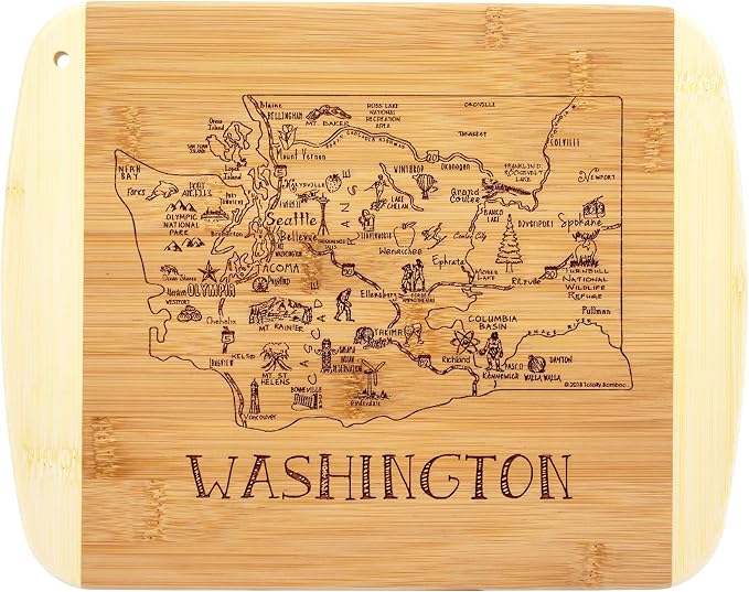 Totally Bamboo A Slice of Life Washington Engraved Map Cutting Board | 11” x 8.75” charcuterie board with engraved state map artwork. Smooth reverse side for food prep. Hang tie for wall display.