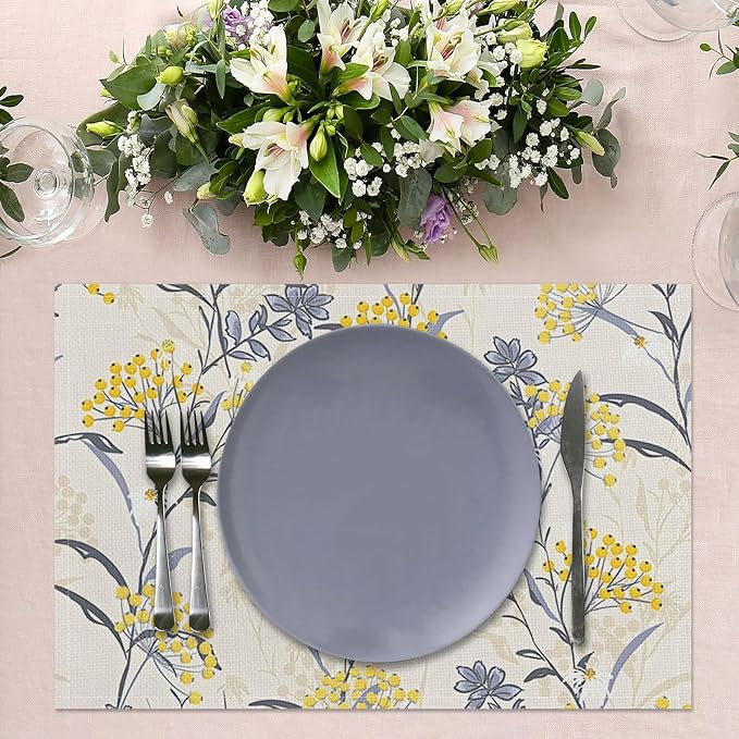 Floral Table Placemats Set of 4 Summer Flower Linen Cotton Washable Table Mats Heat Resistant Reusable Place Mat for Kitchen Dining 12x18 Inch