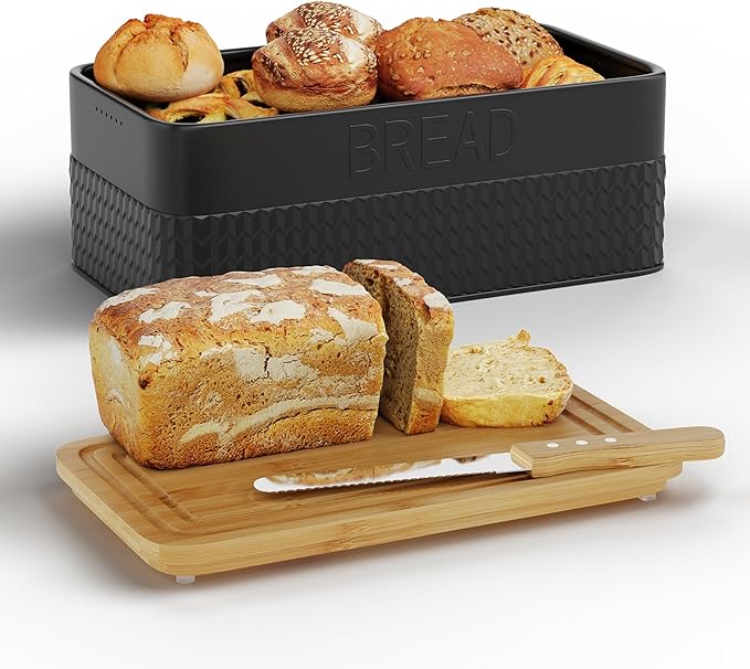 Bread Box for Kitchen Countertop,Metal Bread Storage Bin with Bamboo Cutting Board Lid, Includes Bread Knife, Fits Sourdough & Buns, Stylish Organize (Black)