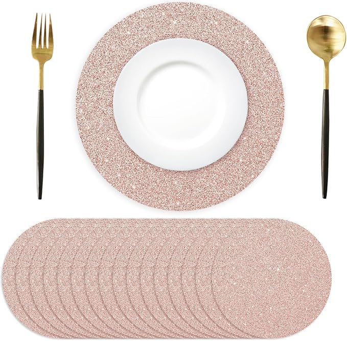 50PCS Rose Gold Paper Placemats Disposable 13.4 Inch Round Glitter Paper Place Mats Rose Golden Decorative Shiny Table Mats for Birthday Wedding Holiday Party Sparkle Table Decor