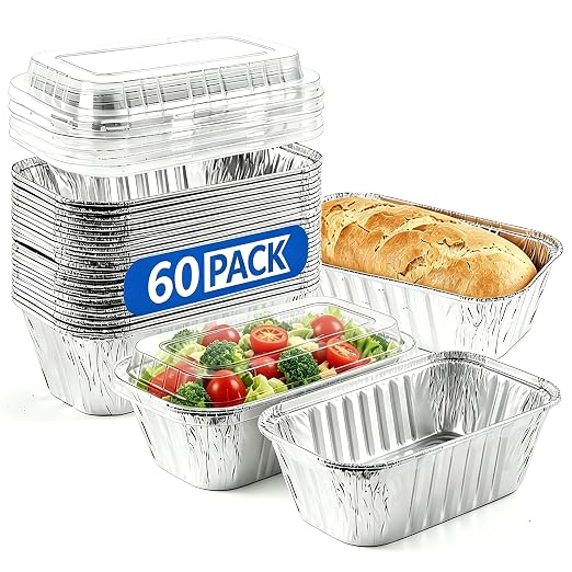 60 Pack Disposable Mini Aluminum Loaf Pans with Chear Lids,(6"x3.5"x2" )1 Lb Foil Loaf Pans,Disposable Aluminum Food Containers with Lids,Small Aluminum Tin Foil Baking Pan for Cakes, Bread, Meat