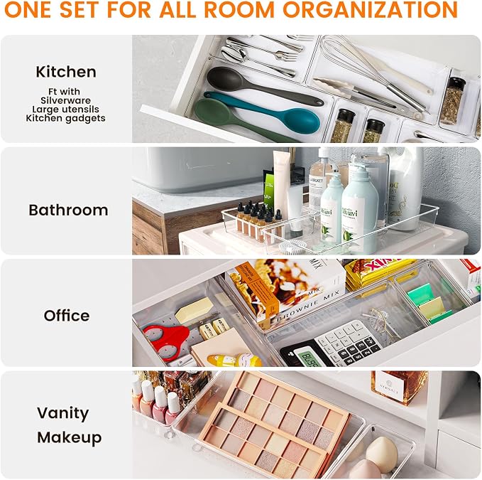 36 Pack Large Clear Plastic Drawer Organizer Bins - 6 Size Acrylic Kitchen Drawer Organization and Storage for Utensils Gadgets, Office Bathroom and Vanity Organizer for Makeup Accessoires