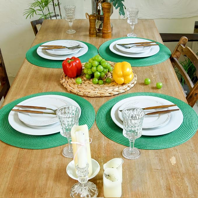 FunWheat Round Braided Placemats Set of 8 Table Mats for Dining Tables Woven Washable Non-Slip Place mats 15 inch(Holly Green, 8pcs)