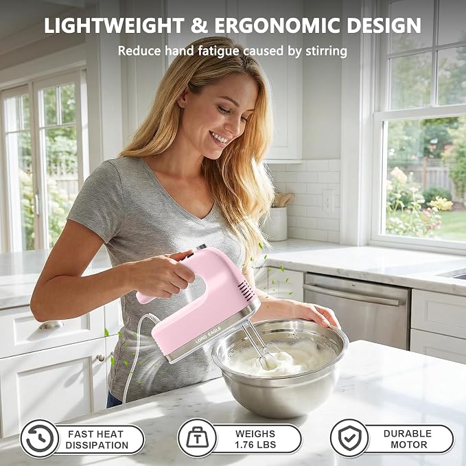 Lord Eagle 9-Speed Digital Hand Mixer Electric Handheld, 500W DC Motor | Kitchen Mixer for Cake Baking, Lightweight Egg Beaters with Stain-resistant & Waterproof Storage Bag & 6 Accessories, Pink