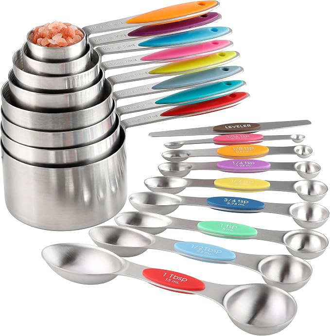 Measuring Cups and Spoons Set of 17 Double Sided Magnetic Measuring Spoons | Stainless Steel Stackable Measuring Cups Magnetic Measuring Spoons Set with 1 Leveler for Dry and Liquid Ingredients