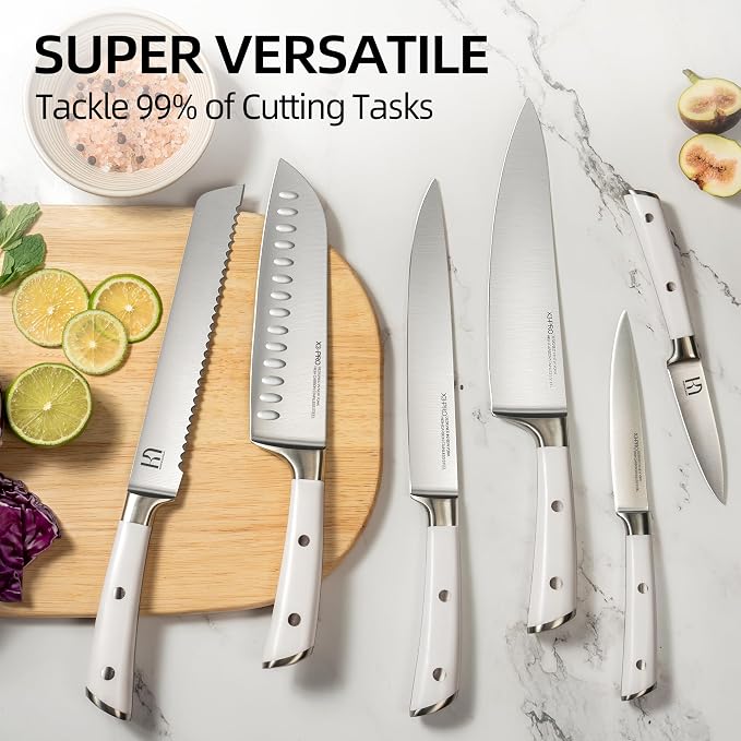 KnifeSaga 15 Pcs Japanese Knife Set with Sharpener, Premuim, Razor Sharp | Innovative Steel, High Carbon Stainless, Enduring Sharpness, Ergonomic Handle, Quality Acacia Wood Block, Full-tang, Gift Box