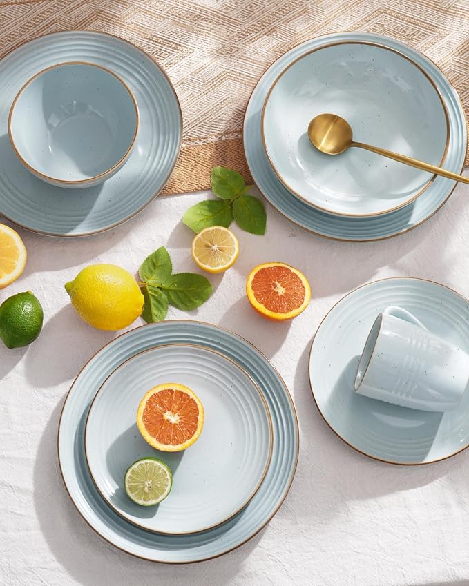 Famiware Jupiter Stoneware Dinnerware Sets for 8, Rimmed Plates and Bowls | 24-Piece Ceramic Speckled Dish Set, Chip & Scratch Resistant, Microwave & Dishwasher Safe, Rustic Modern Style, Neutral Blue