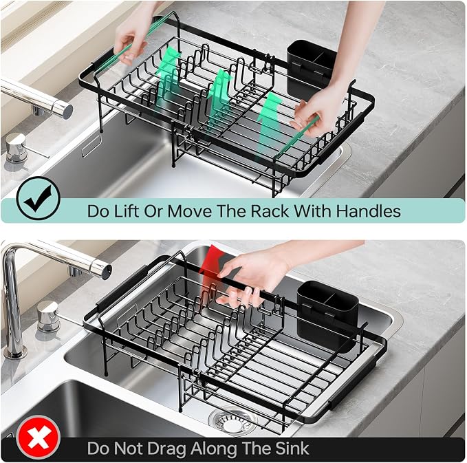 Urackify Expandable in-Sink or Over-Sink Dish Drying Rack, 14.5"-18", Black | Stainless Steel, Fits Most Sinks, Rust-Resistant, Space-Saving, Removable Utensil Holder