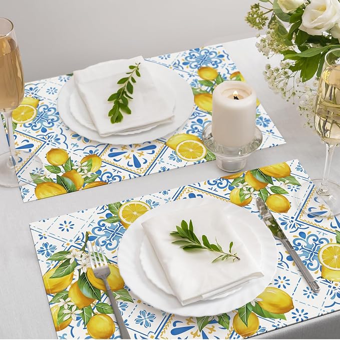 Bonhause Lemon Summer Placemats Set of 4, 12x18 Inch Italian Blue Tiles Lemons Yellow Fruits Mediterranean Kitchen Dining Table Mats Washable Place Mats for Indoor Outdoor Home Party Decor