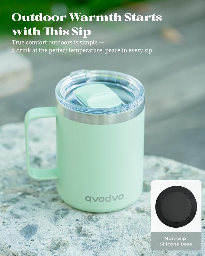 12oz Insulated Coffee Mug with Lid – Includes Two Lids, Stainless Steel Coffee Travel Mug with Handle, Double Wall Vacuum Insulated Camping Mug for Home, Office & Outdoor, Mint Green