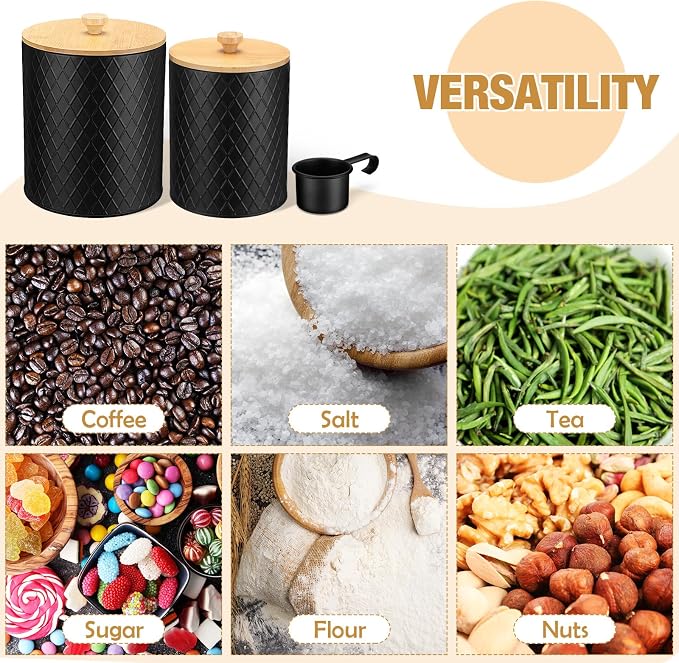 Reallnaive 2 Pcs Black Coffee Canister Set for Kitchen Countertop Bar Flour Sugar Tea Storage Container Farmhouse Metal Spice Jar with Airtight Bamboo Lid Spoon & Labels Housewarming Gift (2 Sizes)