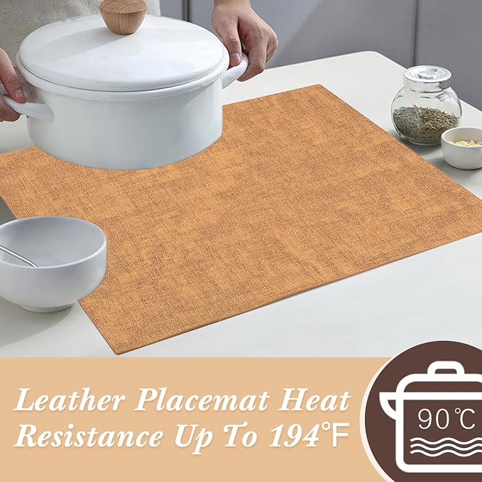 Leather Placemats Table Mats Set of 6, Camel and Beige | Reversible Non-Slip Table Placemats, Heat-Resistant and Waterproof for Dining Kitchen and Holiday Parties