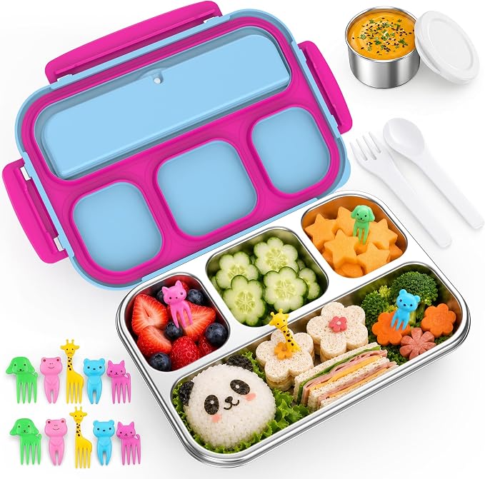 Stainless Steel Bento Lunch Box for Kids Adult, Metal Lunch Box Containers for Boys Girls School, 4 Compartment Leak Proof Lunch Containers with Sauce Cup, Fork and Spoon & Fruit Picks, Pink blue