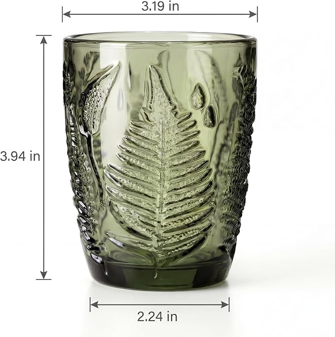 Vintage Green Drinking Glass, 10 oz Hand-Pressed Deep Textured Glass Cup, Fern Embossed Retro Glassware, Decorative Tumbler for Water, Cocktails & Juice, Boho Colored Kitchen Drinkware, Unique Gift