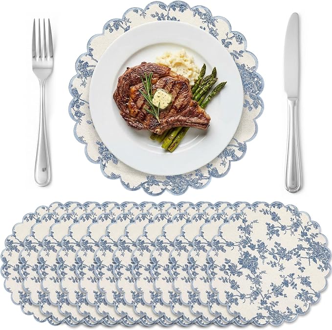Set of 12 Blue Cotton Placemats 15" Round Scalloped Navy Blue | Double Layered Cotton Fabric, Washable Embroidery, Navy Blue Edge Edge, Rustic Table Mats for Wedding Dining Table Decor