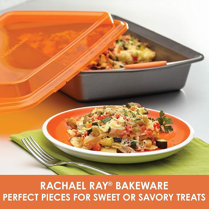 Rachael Ray Bakeware, Nonstick Baking / Cake Pan With Lid and Grips, Rectangle - 9 Inch x 13 Inch, Gray | Oven Safe to 500°F, Dishwasher Safe, Grips for Easy Handling, Great For Lasagna and Casseroles, in Gray