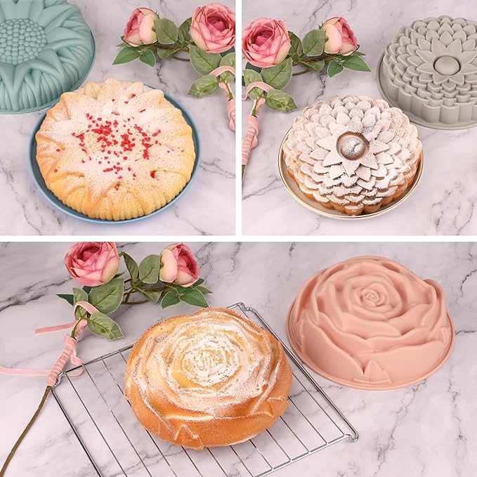 3 Pack Flower Shape Silicone Cake Molds, Large Round Silicone Molds for Baking Cake, Breads, Pies, Tarts (Rose, Chrysanthemum, Sunflower)