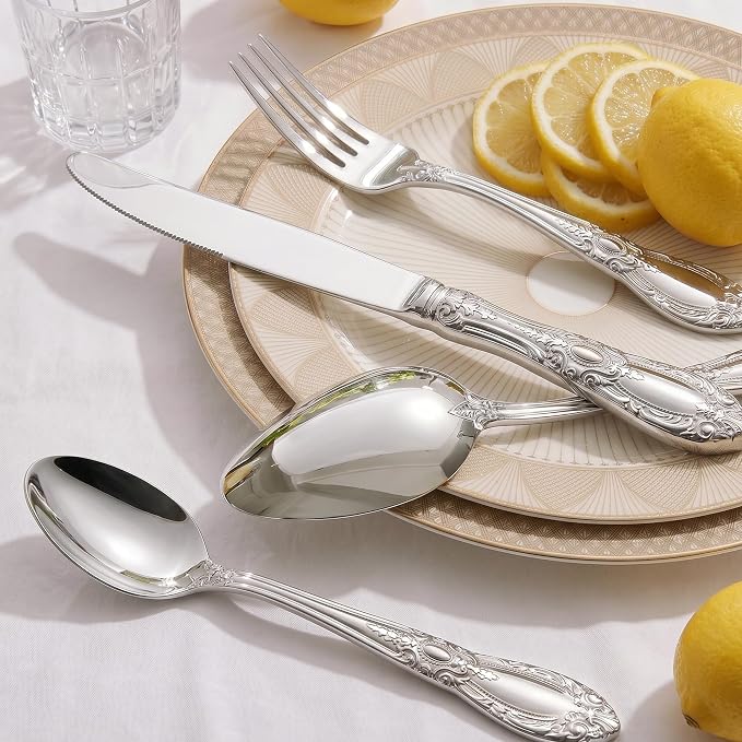 OSVSEE Vintage Silverware Set, 18/10 Stainless Steel Flatware Set for 4 | Heavy Duty Flatware with Royal Palace Handles, Mirror Polished Cutlery, Dishwasher Safe Silverware for Weddings & Gift Giving