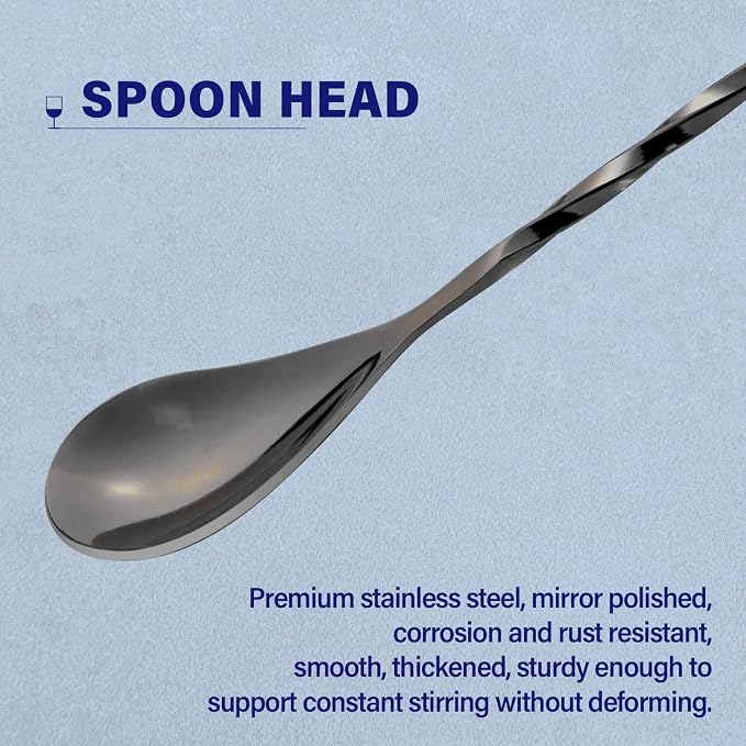 Bar Spoon Cocktail Mixing Stirrers, 2Pcs, 12” Long Handle, Black | 18/8 Stainless Steel, Long Drink Spoons, for Stirring Coffee & Cocktails