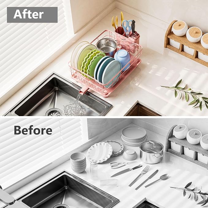 AIDERLY Auto Drain Metal Dish Drying Rack Dish Drainers, Pink | with Draining Tray, Strainer, for Kitchen Counter, Sink