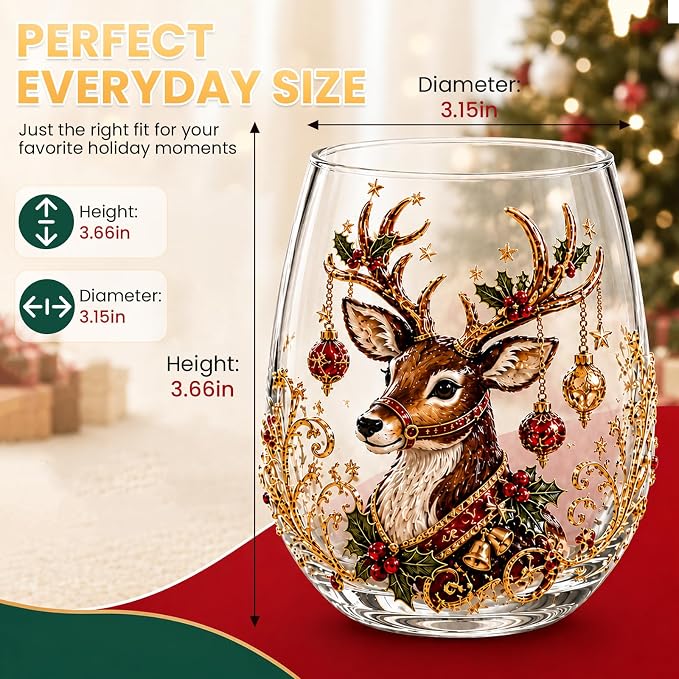 Christmas Wine Glasses, 12oz Stemless Holiday Glassware with Festive Style (Christmas Wreath (A))