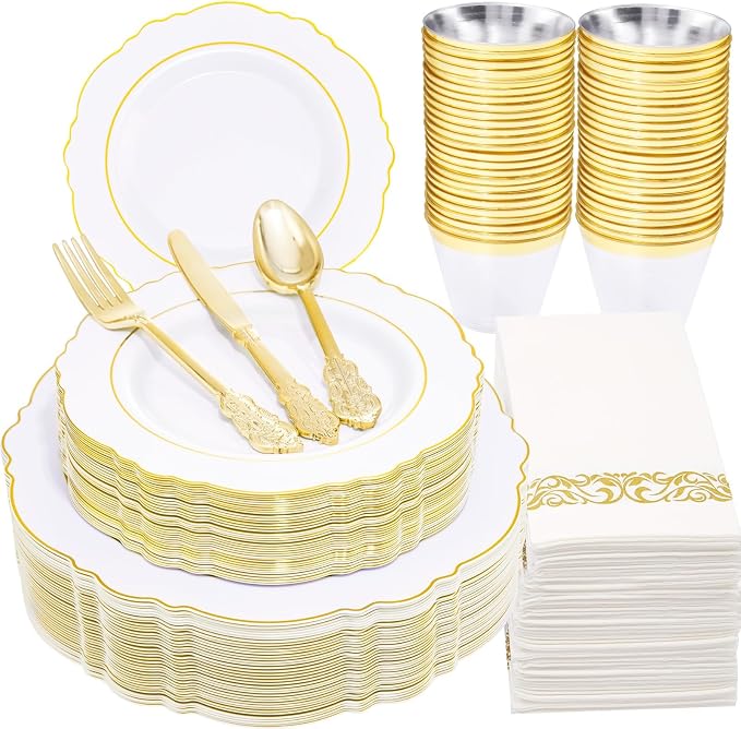 350 Pieces Gold Disposable Plates for 50 Guests, Plastic Plates for Party, Dinnerware Set of 50 Dinner Plates, 50 Salad Plate, 50 Spoons, 50 Forks, 50 Knives, 50 Cups for Wedding/Party