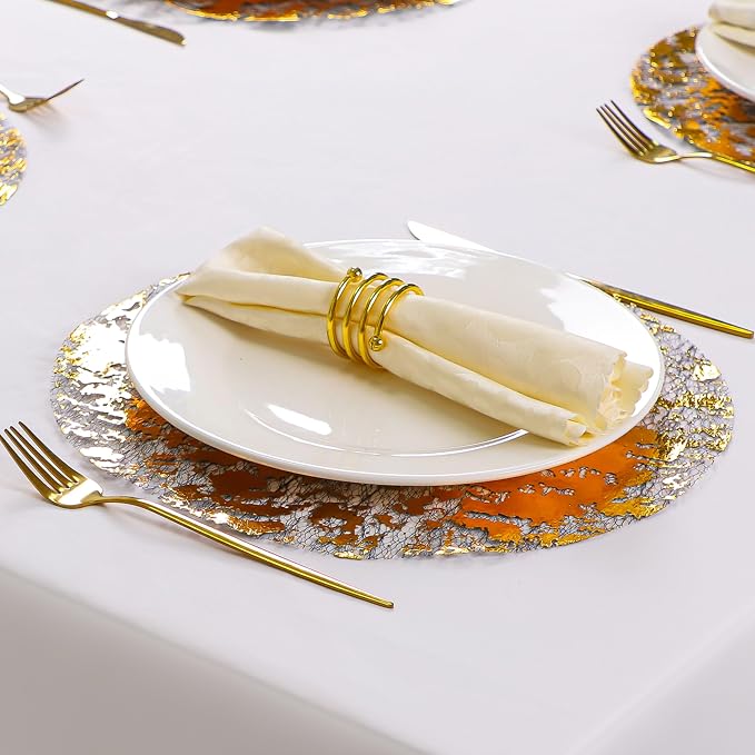 Snowkingdom 12 Pcs Black & Gold Placemats, Round Disposable Metallic Foil Doilies Glitter Mesh Table Mats for Fall Thanksgiving Christmas New Year Dinner Party Holiday Celebration Decorations