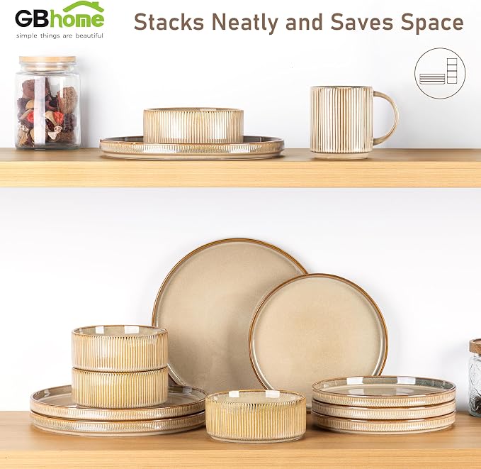 GBHOME Stoneware Dinnerware Sets for 4, 12-Piece Plates and Bowls Set | Handmade Reactive Glaze Ceramic Dish Set, Scratch Resistant, Dishwasher&Microwave Safe,Barley Latte