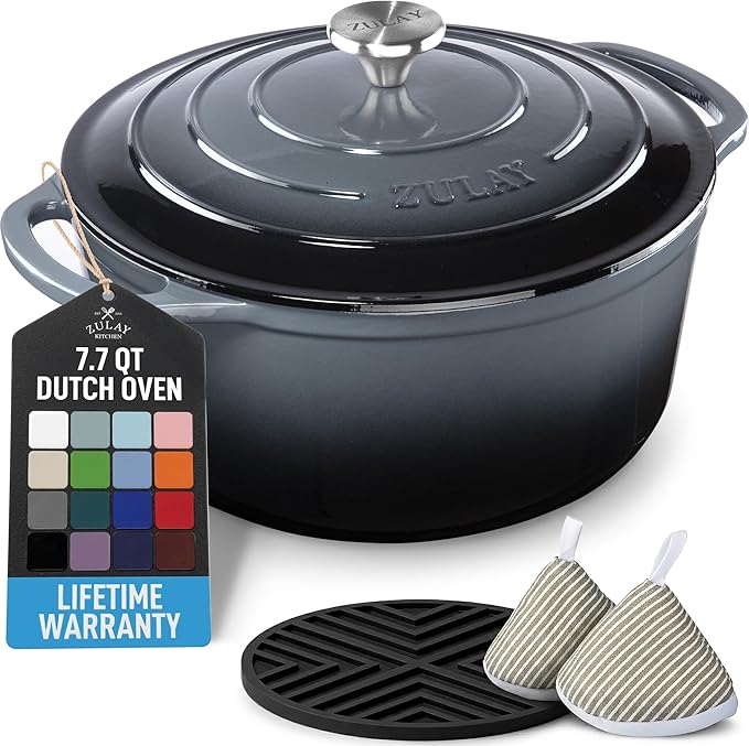 Zulay Kitchen 7.7 Quart Enameled Cast Iron Dutch Oven Pot with Lid – Premium Durability & Oven Safe up to 500°F – Heavy Duty Cookware Perfect for Bread Baking, Stews, Braising & Roasting – Gray