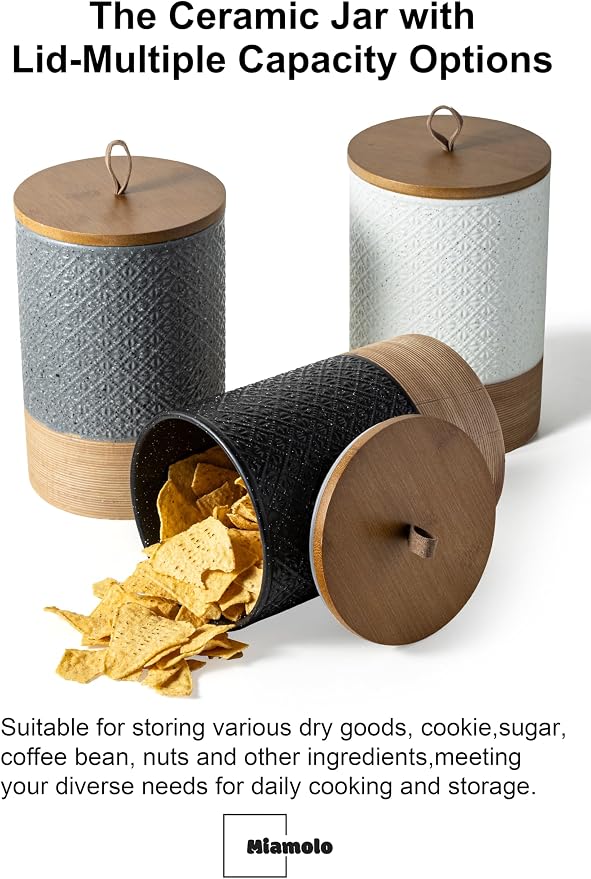 Miamolo Large Jar with Lid, Ceramic Coffee Container Pantry Gray & 64 fl.oz | Reusable Coffee Canister for Kitchen Countertop | Fits Grounds Flour Cookies Spice | Clutter-Free, Housewarming Weeding Gift