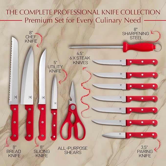 Moss & Stone Red 14 Pcs Kitchen Knife Set with Block, Stainless Steel | Premium forged kitchen knives with high-carbon sharp blades, ergonomic handle, rust-resistant knife block set for home & chef
